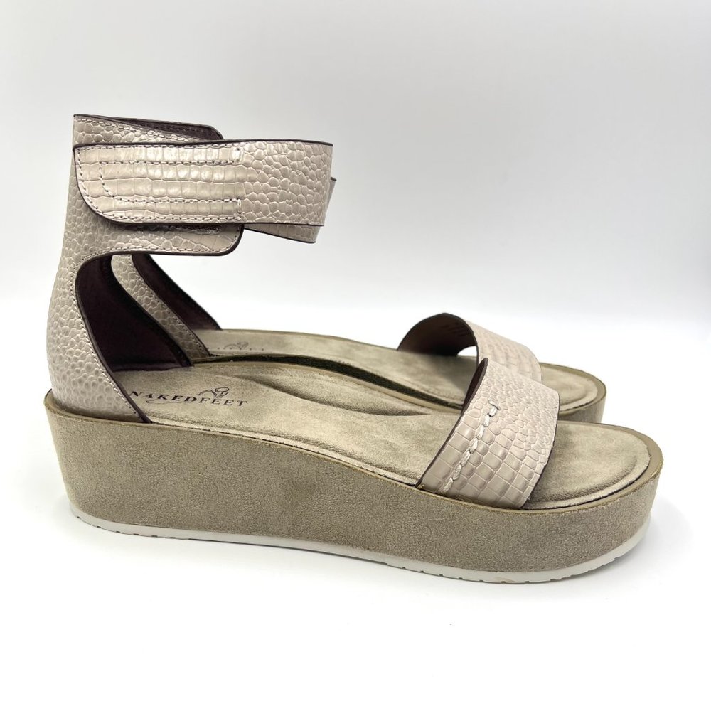 Naked Feet Womens Size 7.5‎ Renzi Greige Leather Platform Sandals Shoes New